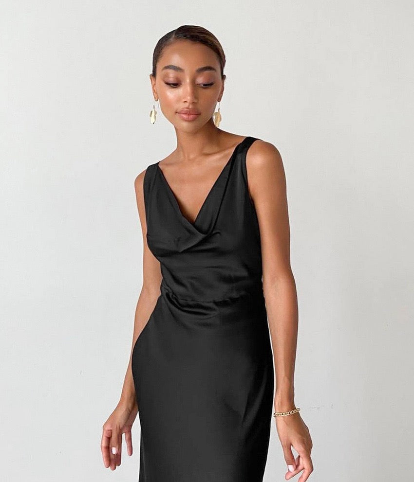 Cowl-Neck Satin Midaxi Dress in Black