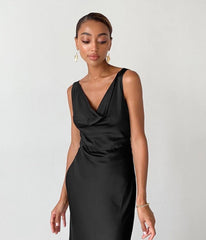 Cowl-Neck Satin Midaxi Dress in Black