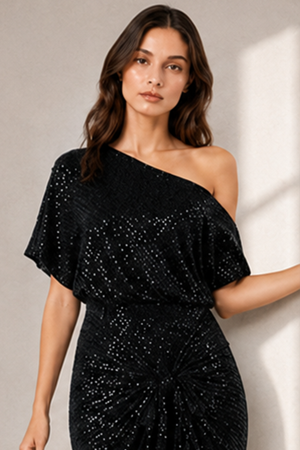Asymmetric Shoulder Sequined Fitted Irregular Mini Dress