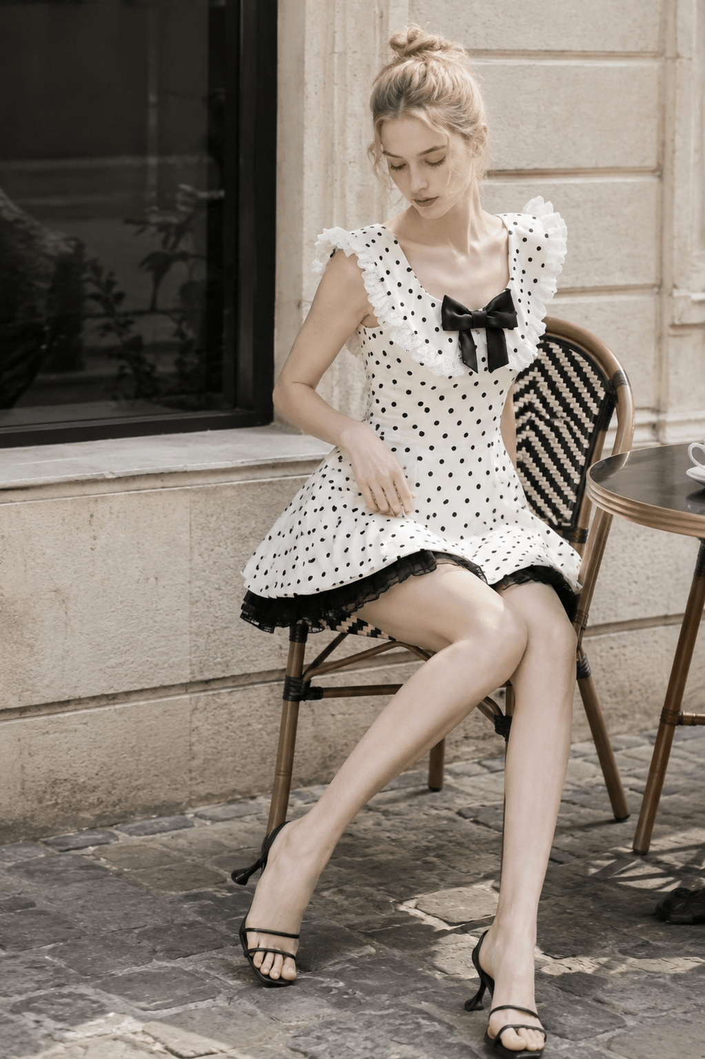 Vintage Polka Dot Bow Collar Ruffled Mini Dress