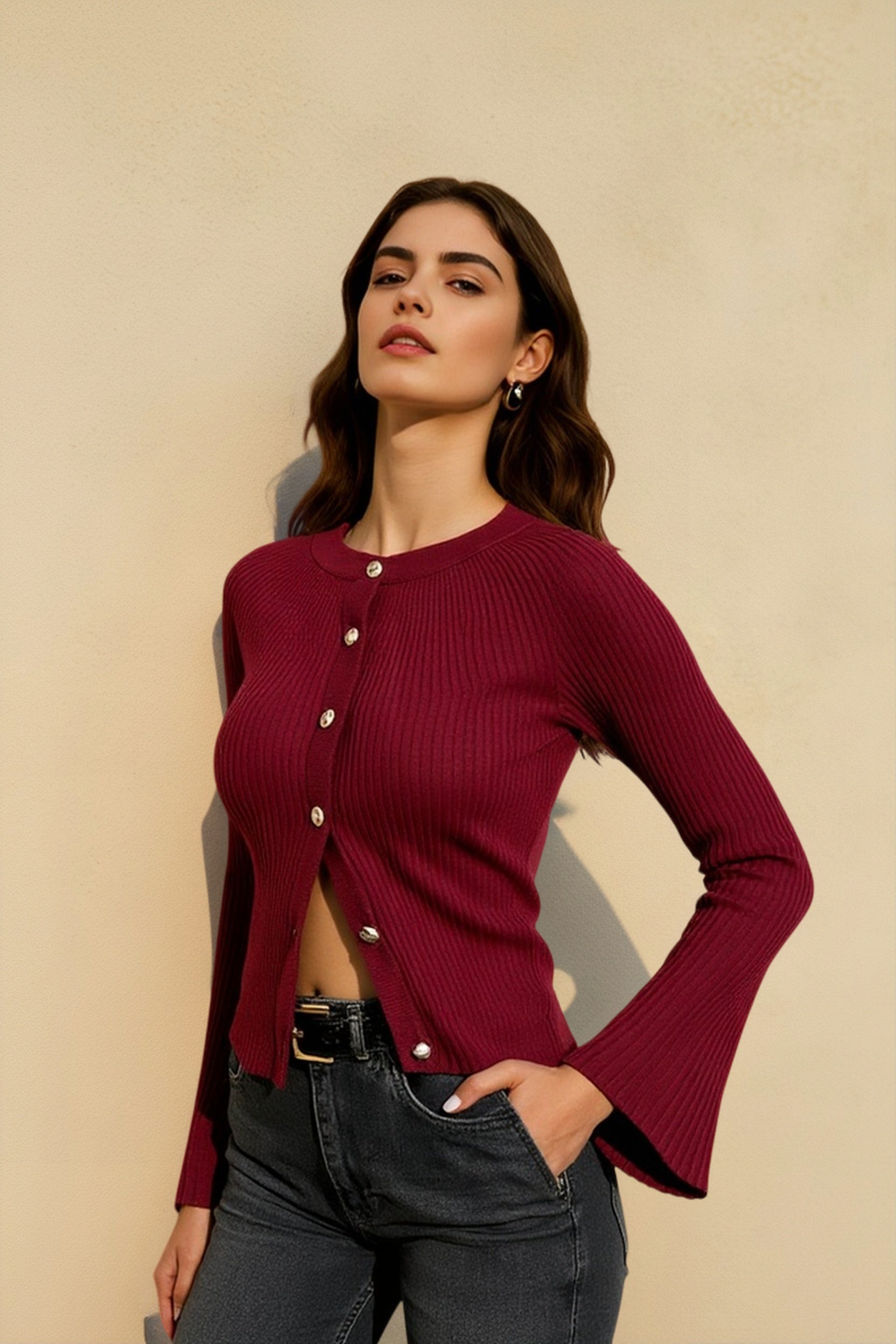 Single Breasted Ribbed Knit Cardigan