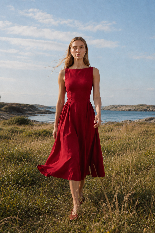 Fashion Solid Sleeveless Waisted Slim Midi Dress