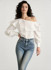 Vintage Off-Shoulder Ruffled White Blouse