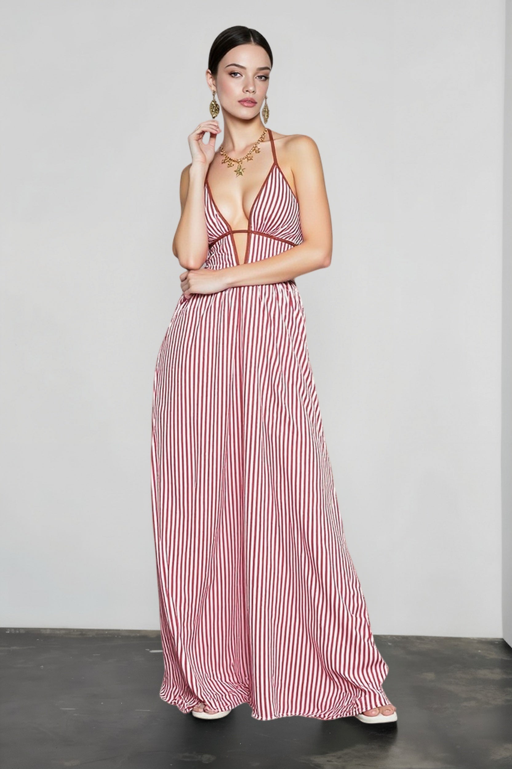 Deep V Striped Halter Vacation Dress