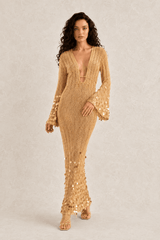 V Neck Belted Sequin Knit Maxi Dress