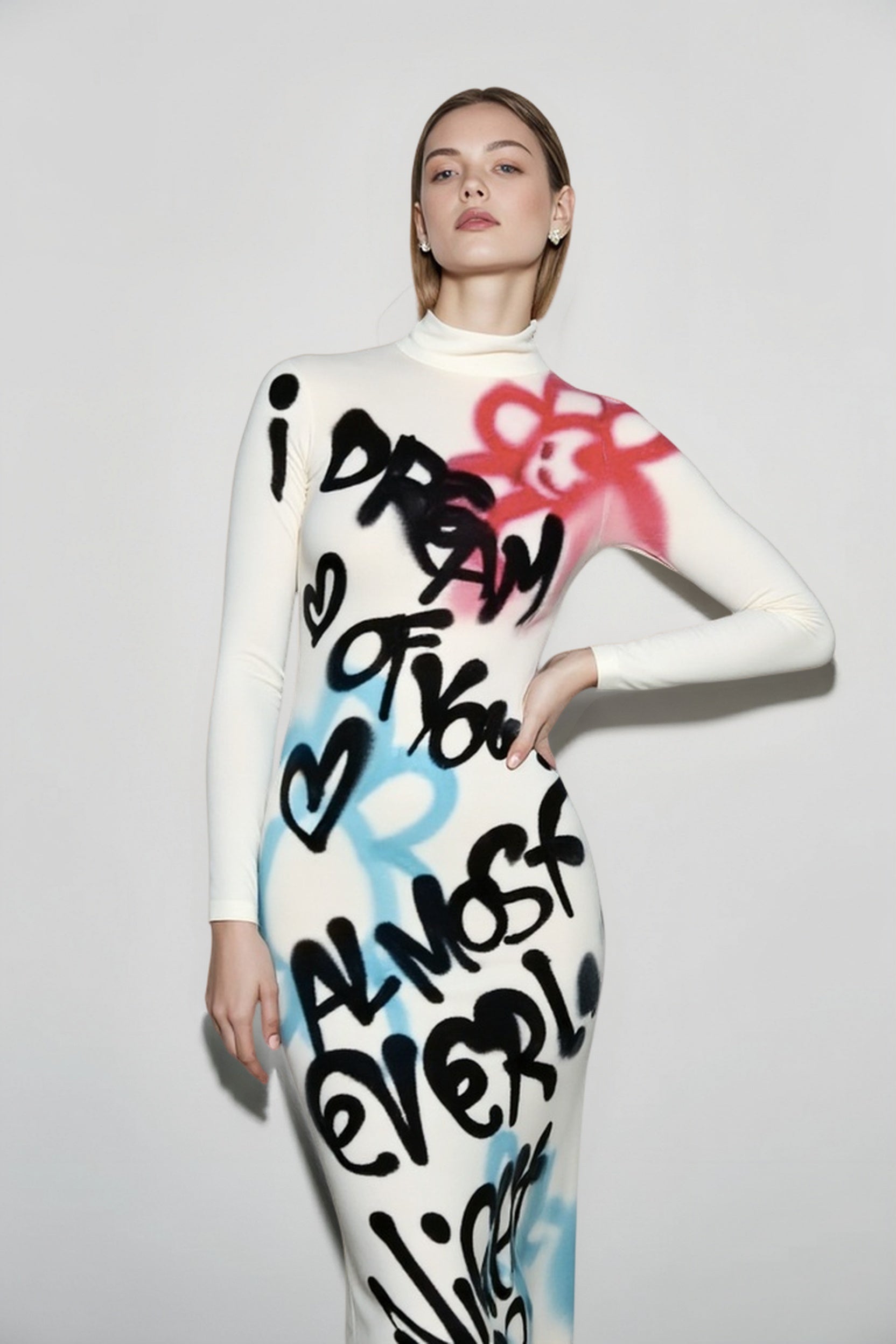 High Neck Graffiti Color Block Bodycon Maxi Dress