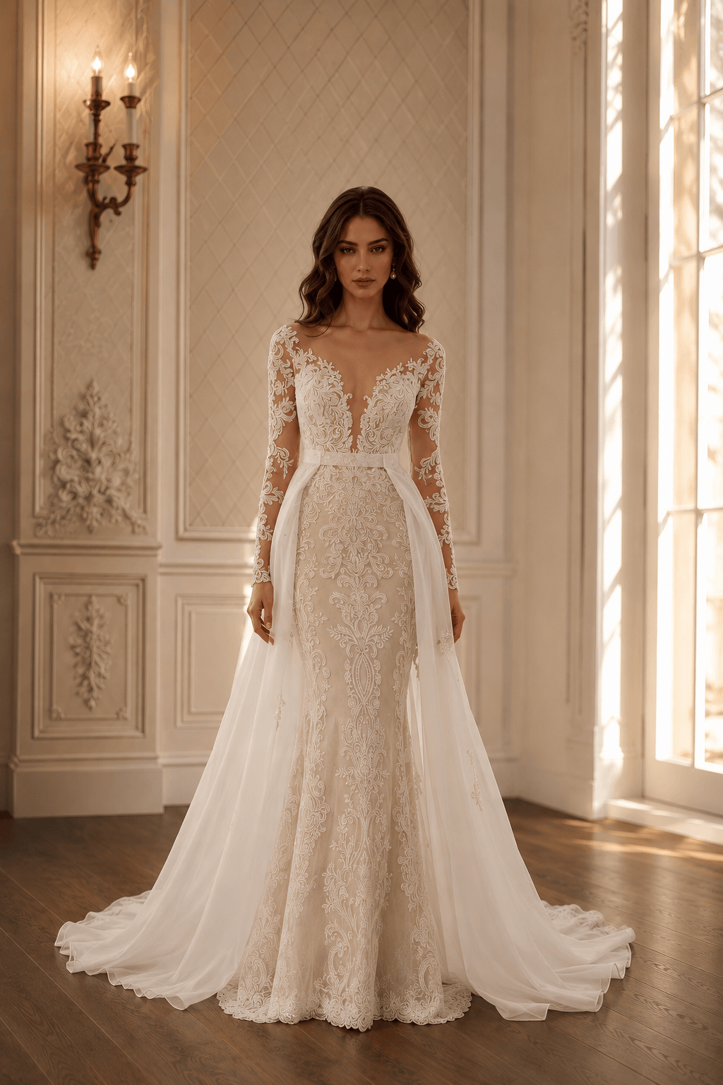 Lace Deep V Mermaid Detachable Train Wedding Dress