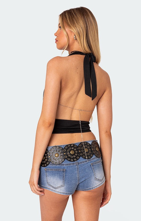 Xylia Plunge Neck Tie Back Top