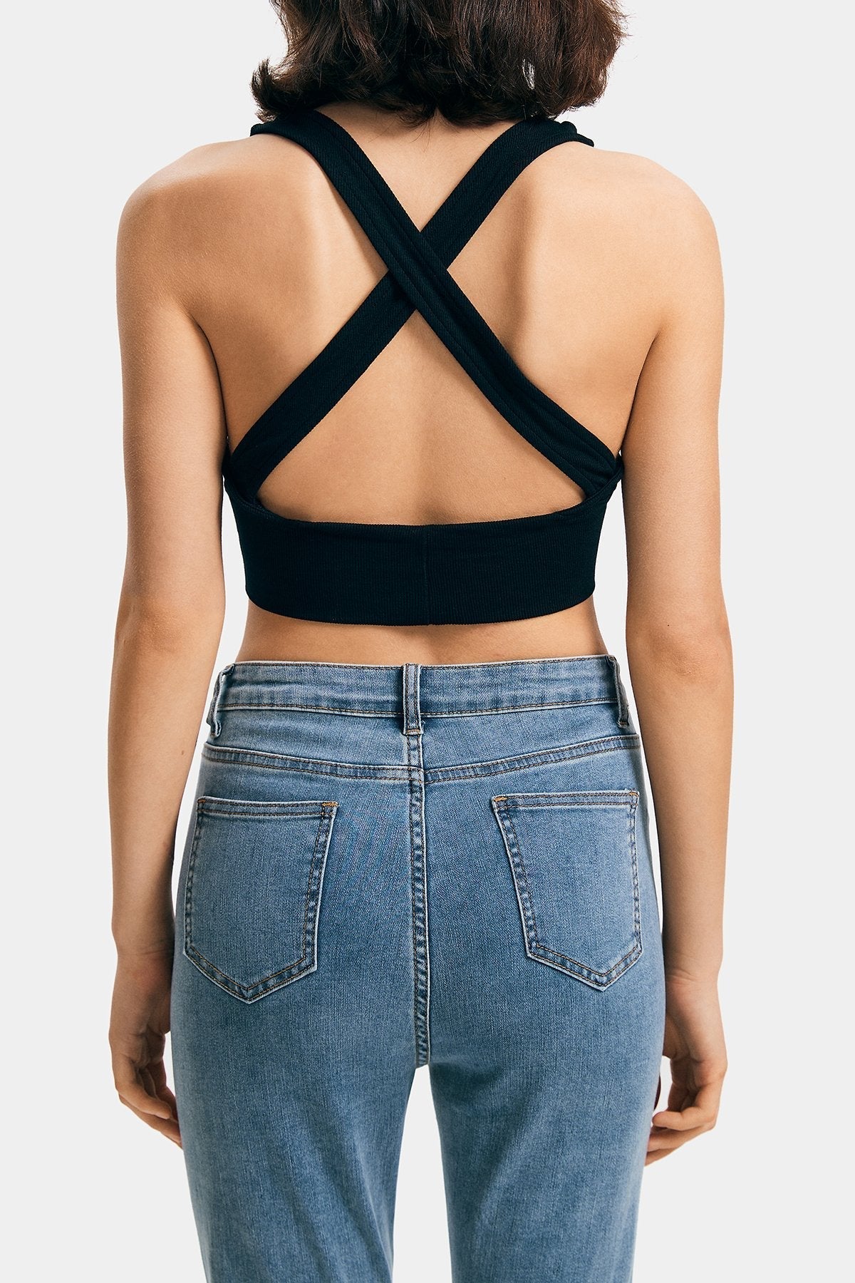 Plunging Neck Cross Back Ribbed Tank Top