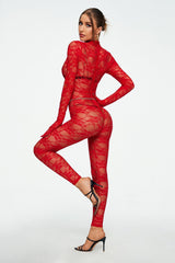 Mock Neck Lace Long Sleeve Jumpsuit Without Underwear & Waist Chain