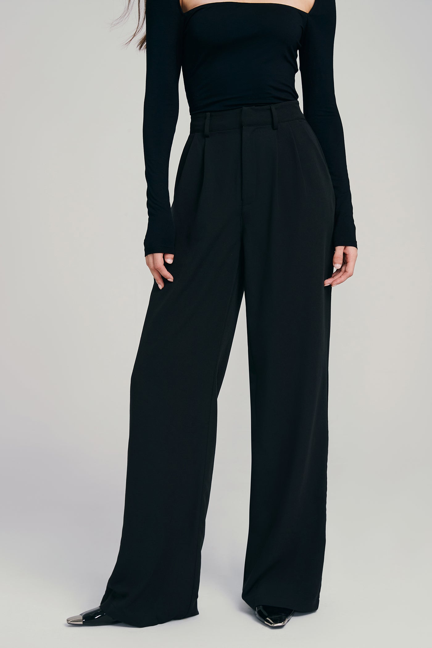 High Waist Dual Pocket Draped Wide Leg Pants