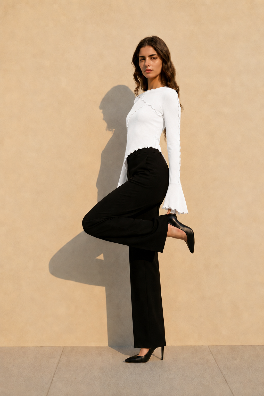 Solid Mock Neck Paneled Ruffled Long Sleeve Tee