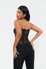 Off Shoulder Lace Up Mesh Splicing Boning Crop Top