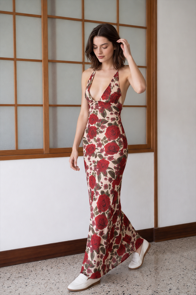 Printed Spaghetti Strap Backless Slim Maxi Dress