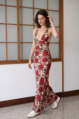 Printed Spaghetti Strap Backless Slim Maxi Dress