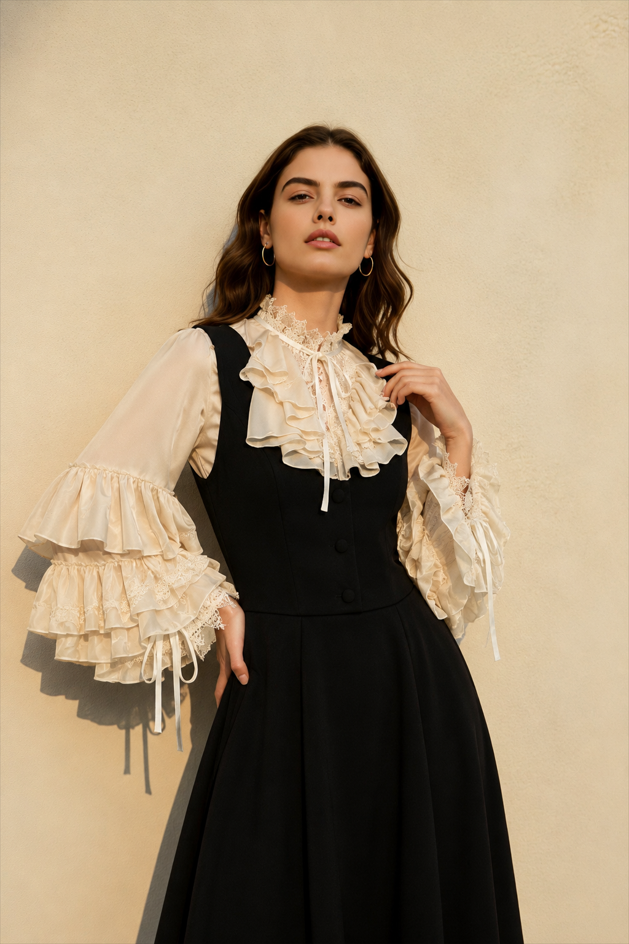 Dark Frill Batwing Sleeve Top