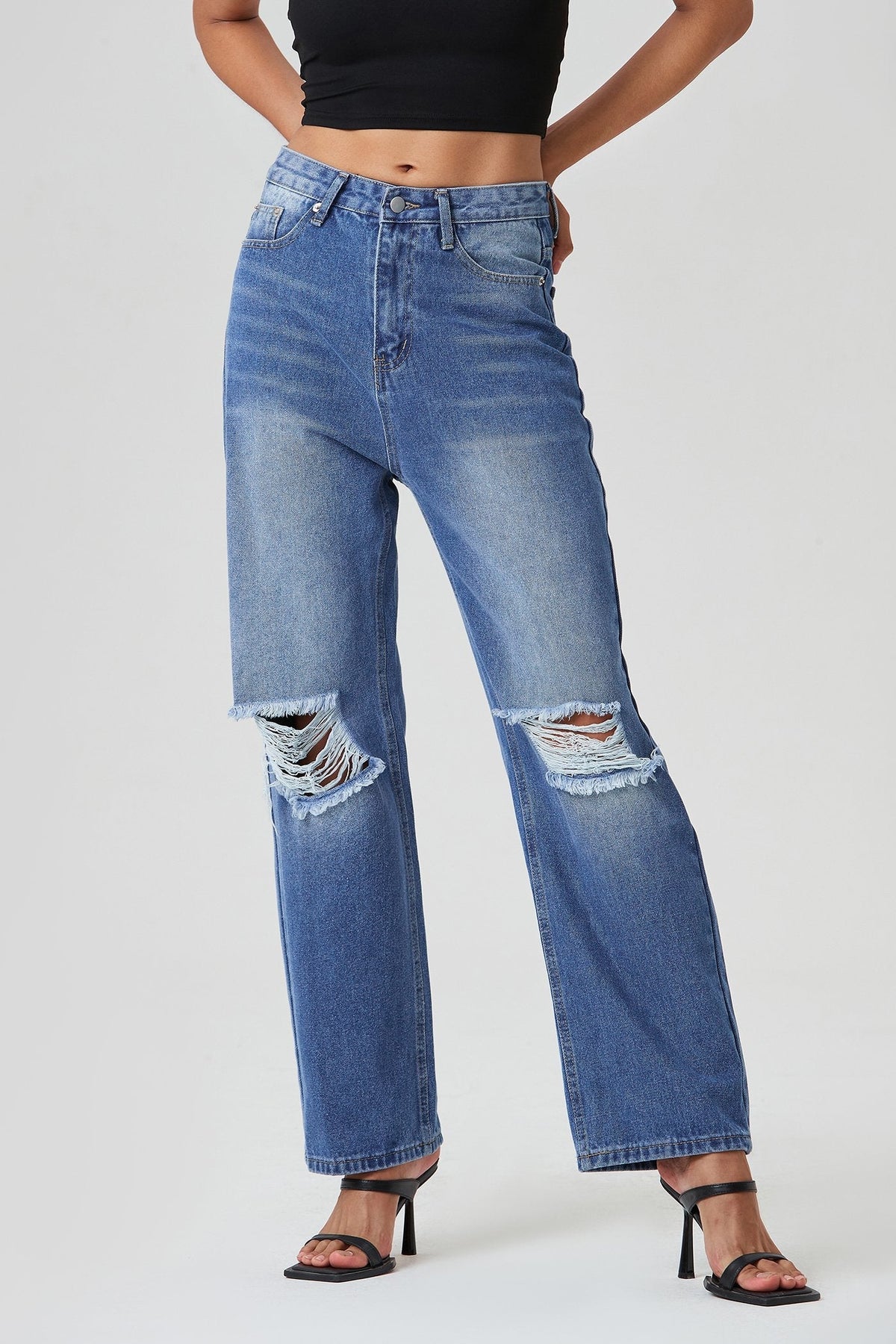 Low Waist Ripped Washed Dual Pocket Straight Pants