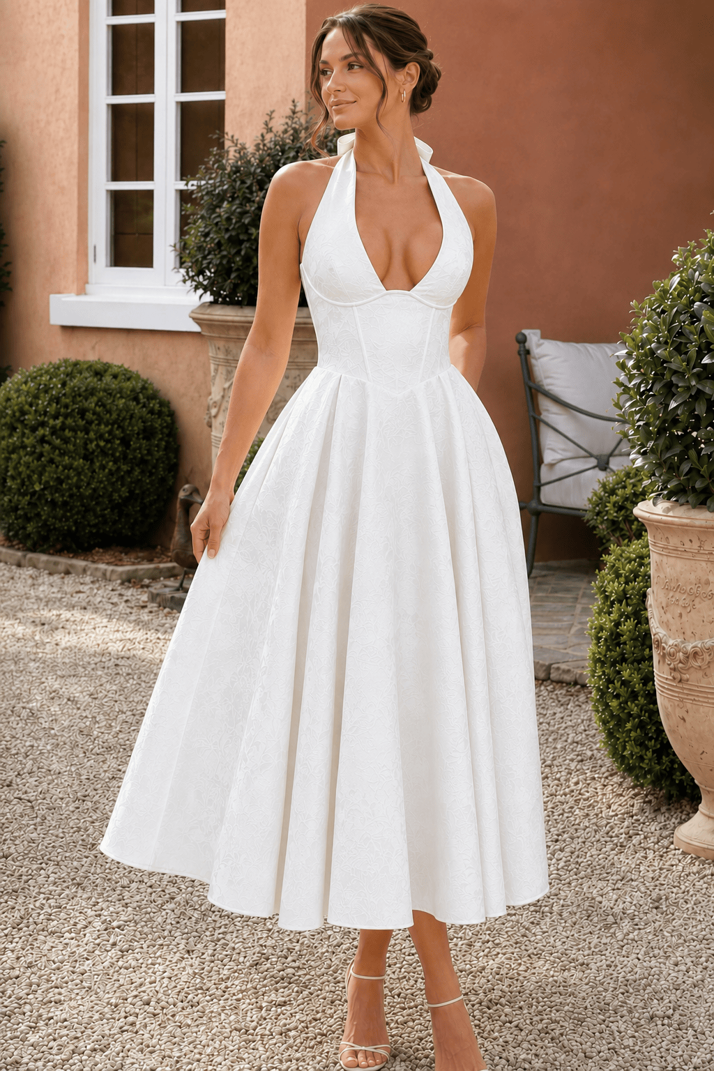 Halter V Neck Jacquard Backless Midi Dress