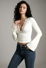 Lace Trim Paneled Slim V neck Long Sleeve Crop Top