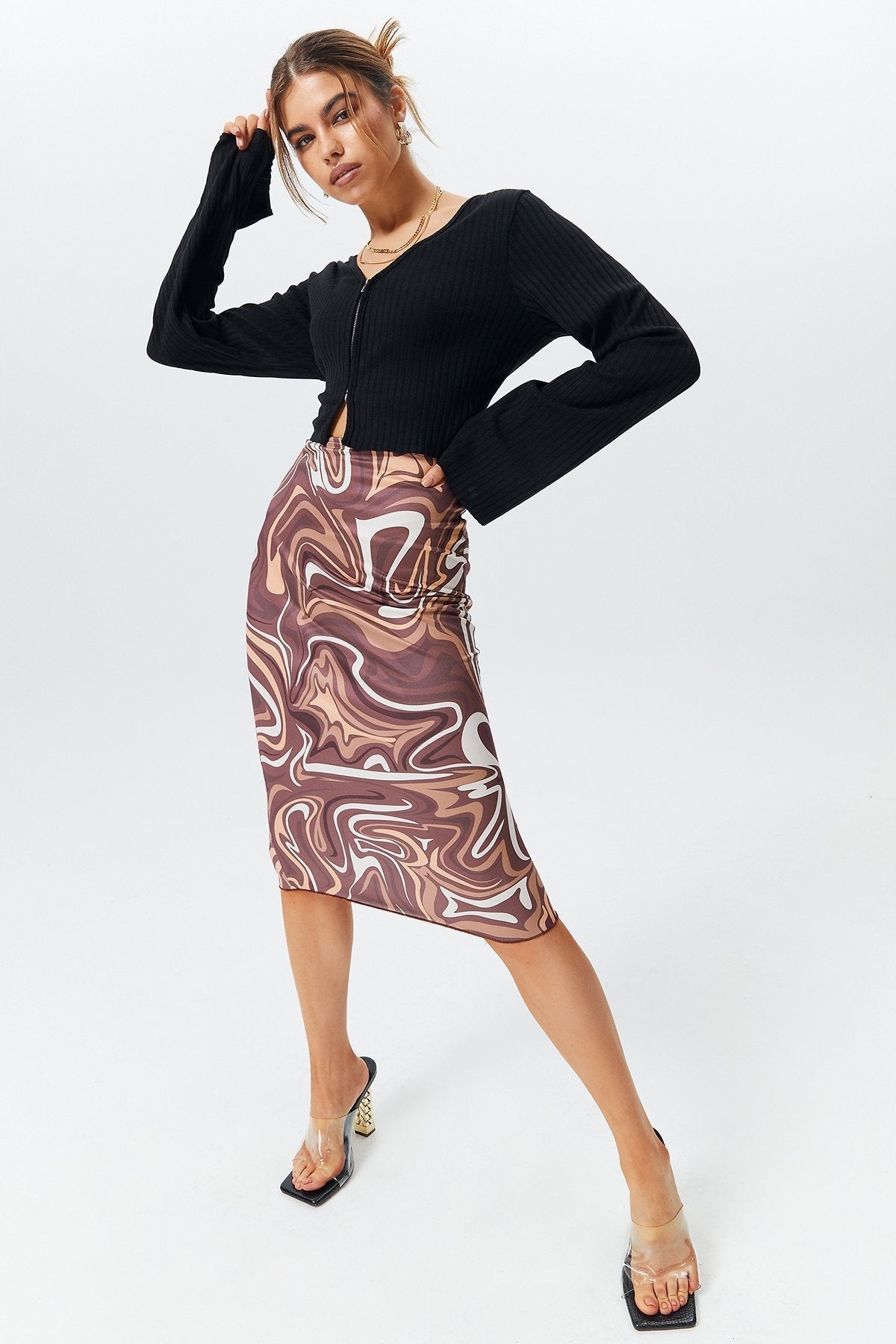 Crop Ribbed Zipper Front Long Sleeve Blouse