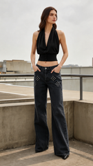 Loose V Neck Halter Solid Waist Button Backless Tank Top