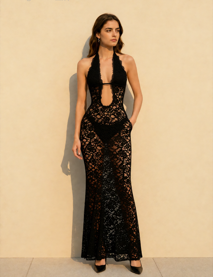 Lace Halter Neck Backless Solid Maxi Dress