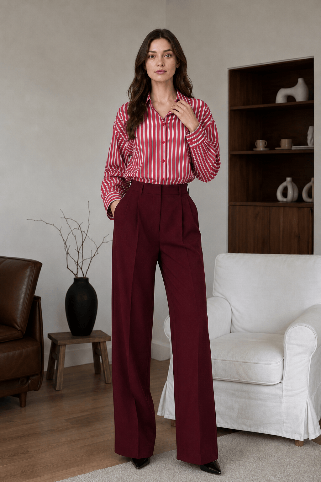 Red Striped Long Sleeve Distinctive British Blouse