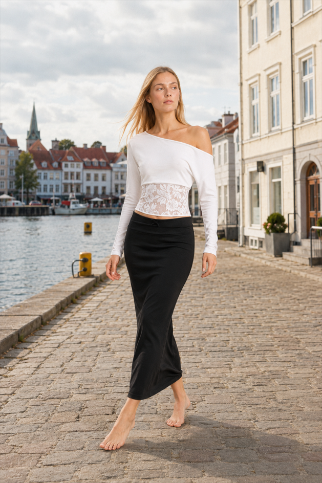 Lace Splice Off Shoulder Bat Sleeve Blouse