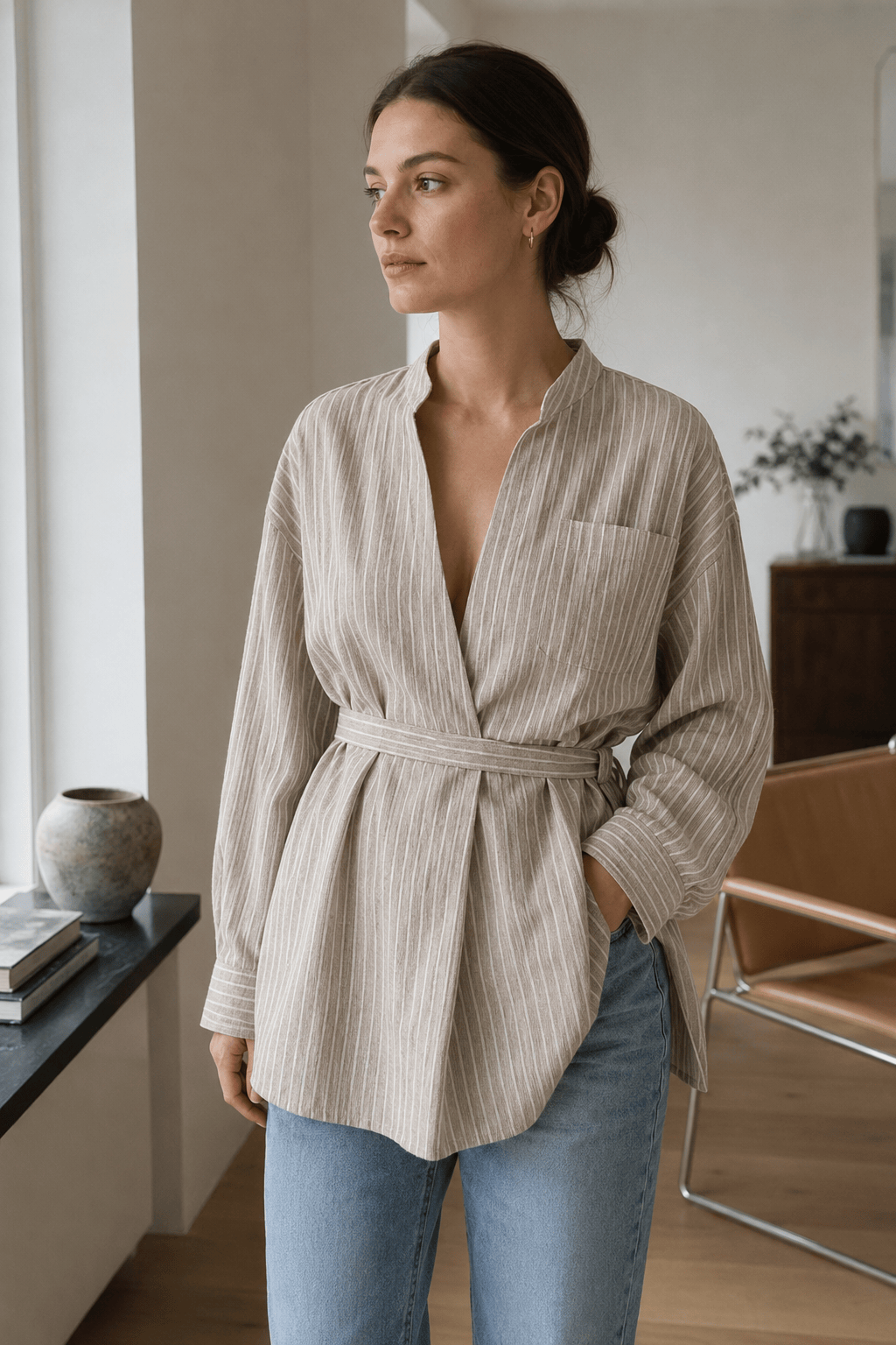 Striped V Neck Irregular Tie Waist Long Sleeve Blouse