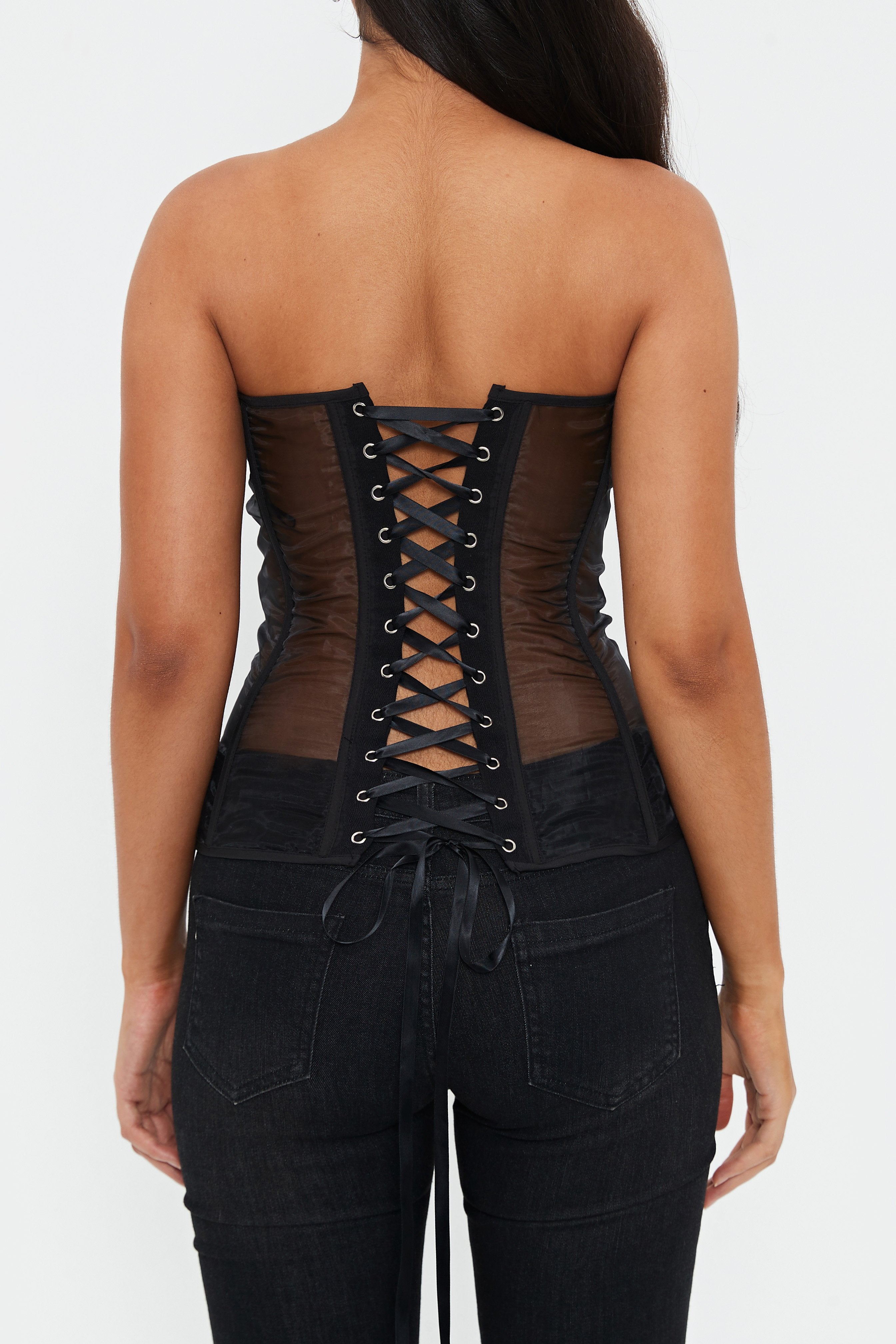 Off Shoulder Lace Up Mesh Splicing Boning Crop Top