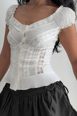 Vintage Lace V Neck Button Puff Sleeve Tank Top