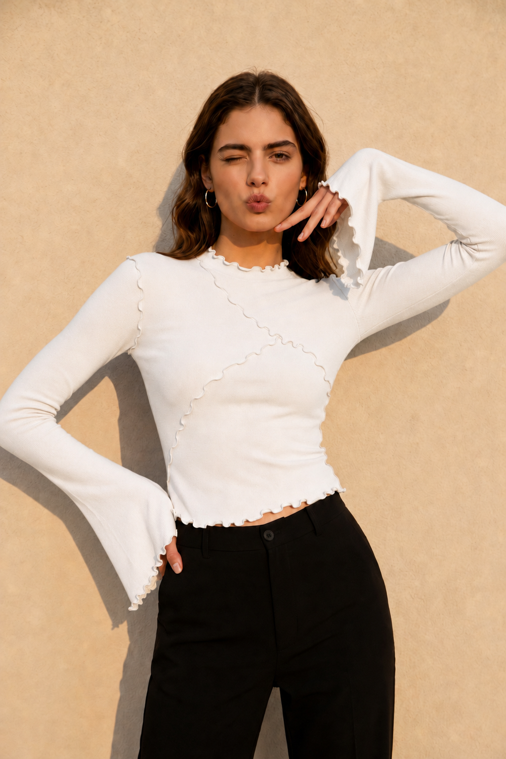 Solid Mock Neck Paneled Ruffled Long Sleeve Tee