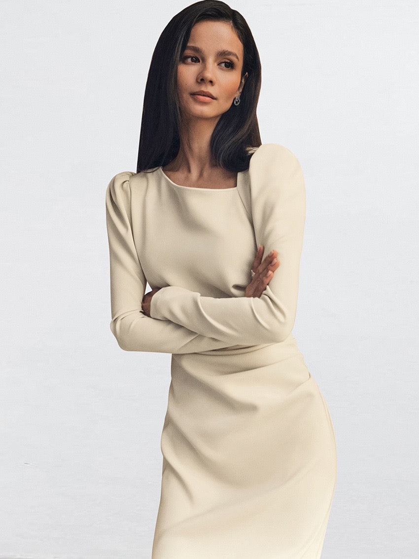 Ribbed Knit Asymmetric Long Sleeve Bodycon Long Dress