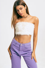 Fuzzy Off Shoulder Zipper Backless Tube Crop Top