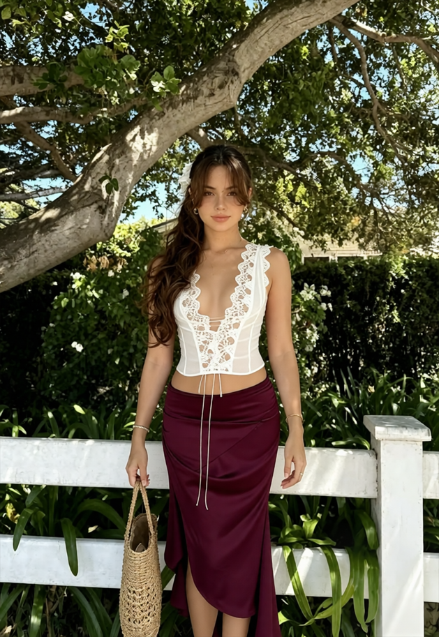 Sexy Lace Trim Tie Back Slim Skirt Set