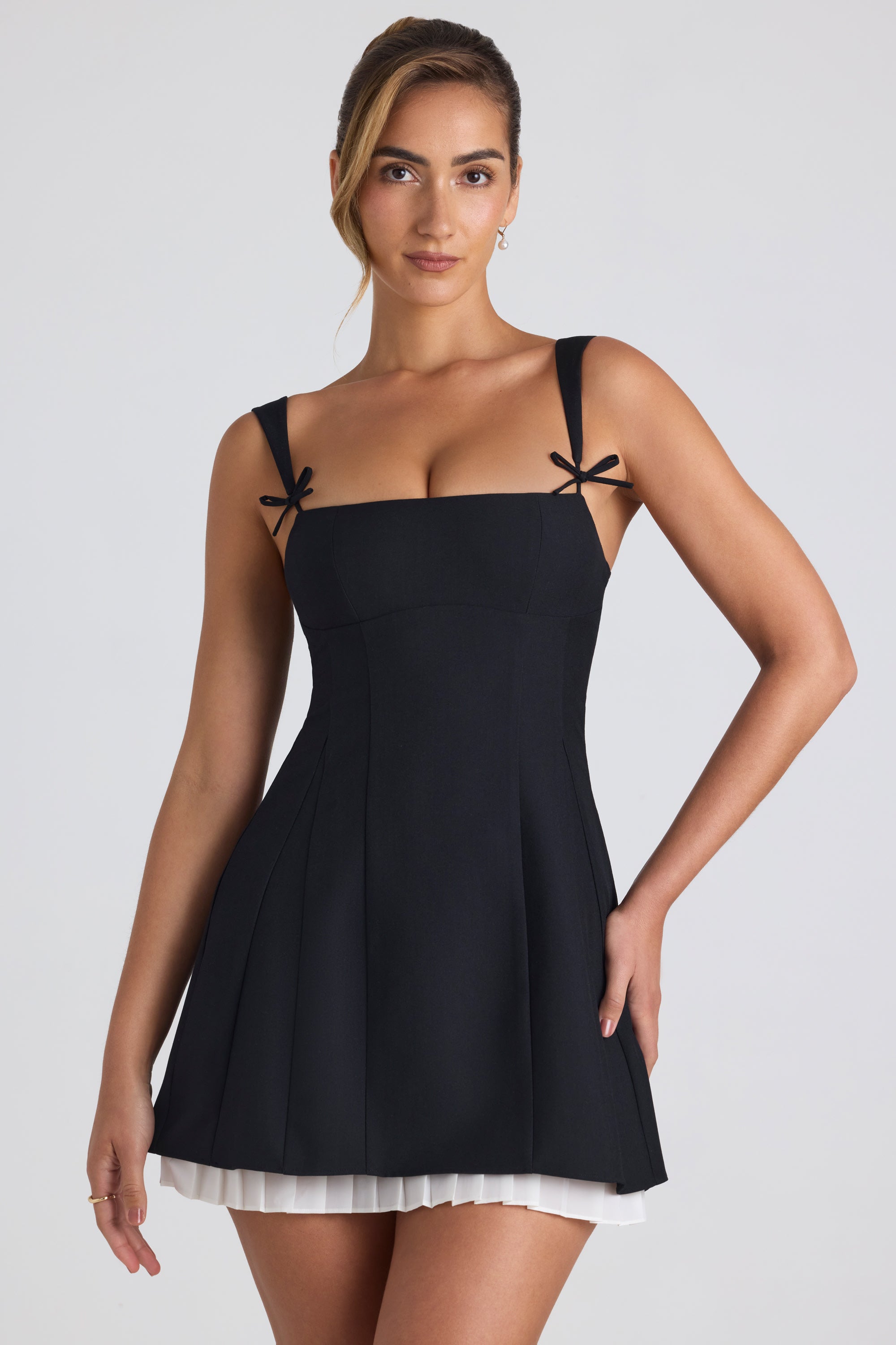 Bow-Detail Pleated A-Line Mini Dress