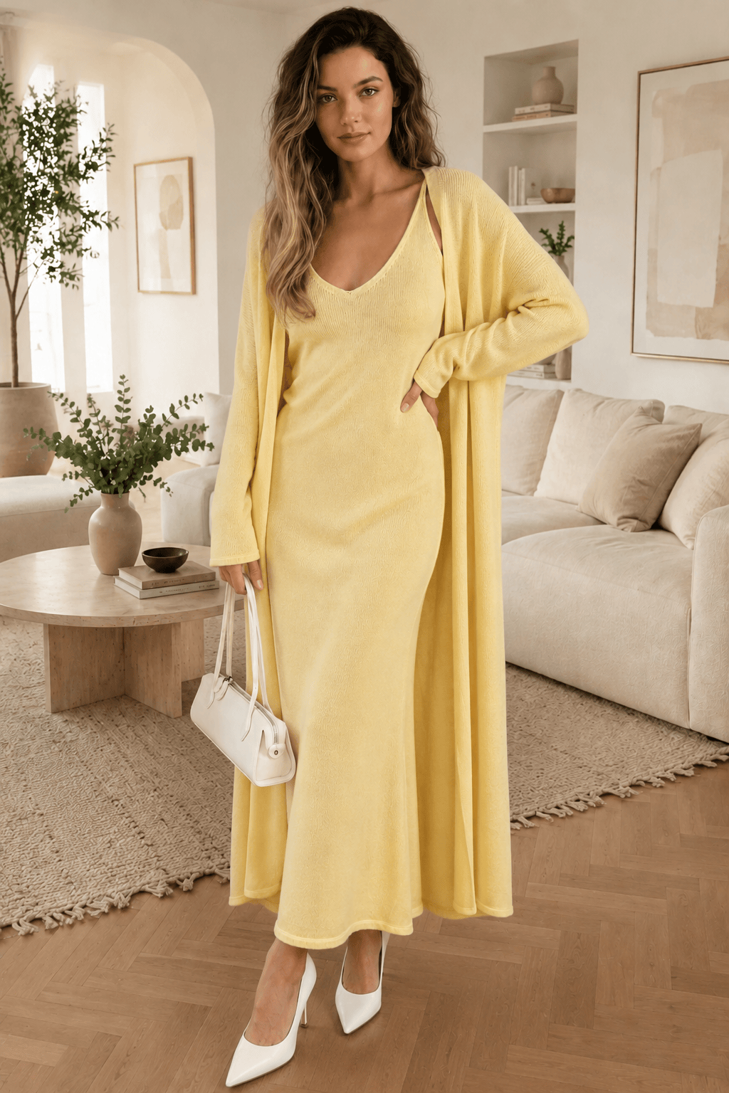 Soft Knit Cutout Tank Dress Long Sleeve Cardigan Two Piece Set
