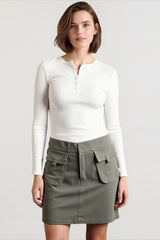 Spring Autumn Knitted Long Sleeve Solid Color Buttons Up Ribbed V-neck Streetwear T-shirts