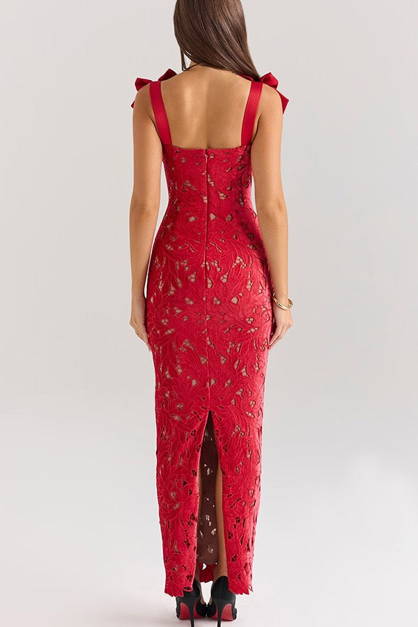 Floral Jacquard  Bow Straps Dress