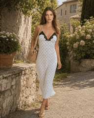 Vintage Polka Dot Lace V-Neck Bodycon Maxi Dress