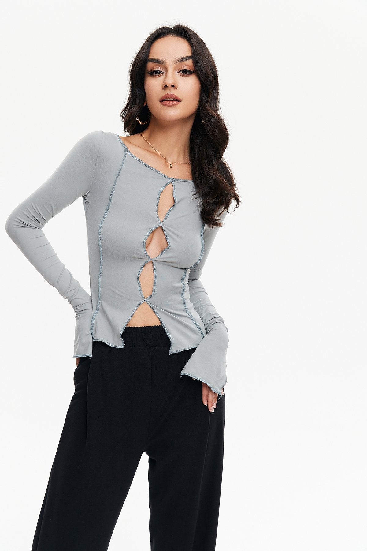 Cut Out Seam Detail Split Cuff Long Sleeve Top
