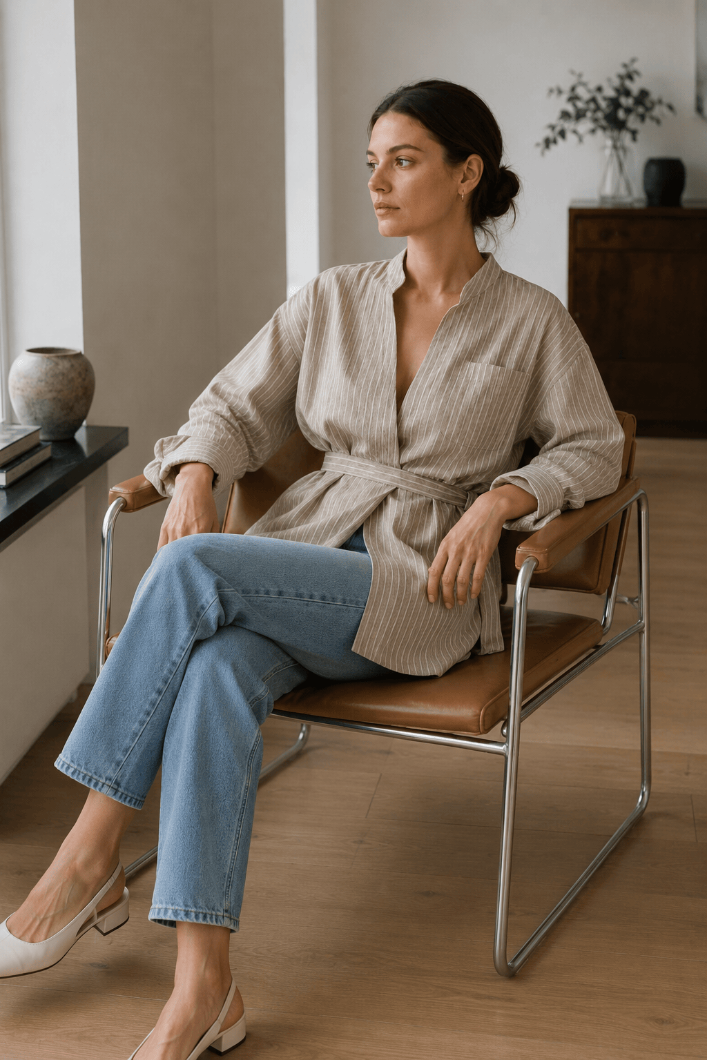 Striped V Neck Irregular Tie Waist Long Sleeve Blouse