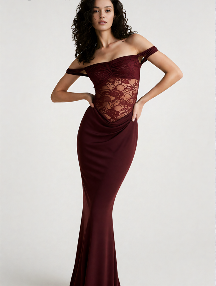 Solid Lace Panel Bodycon Formal Dress