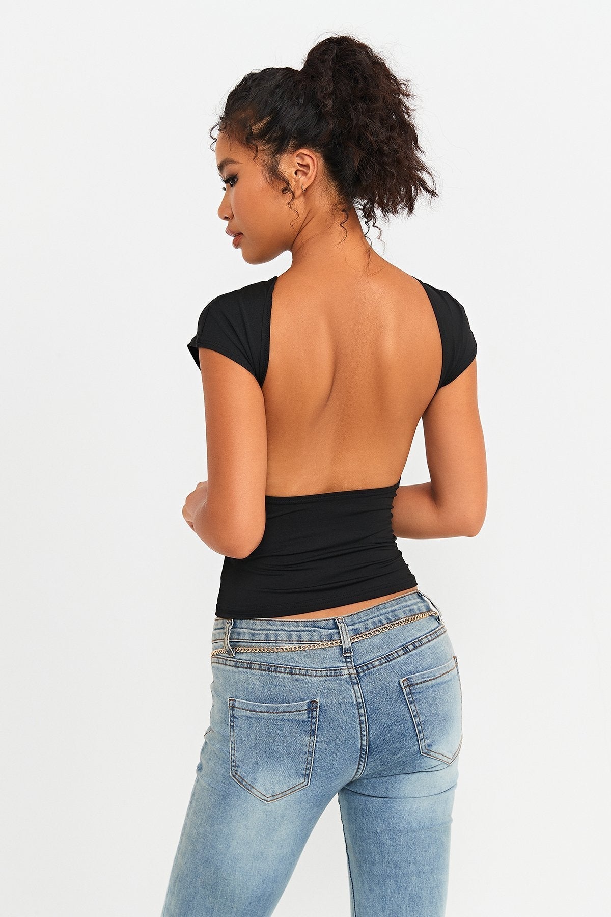 Open Back Short Sleeve Bodycon Crop Top
