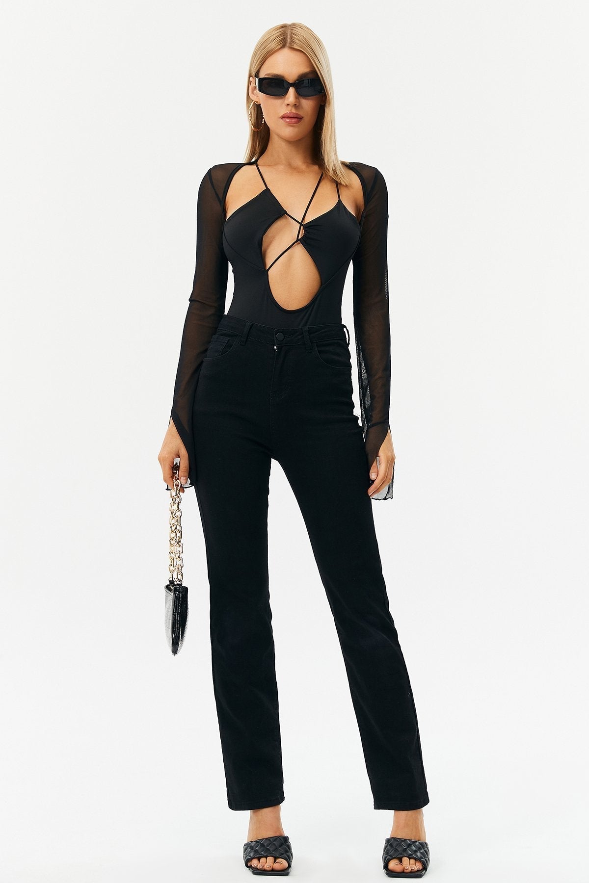 Solid Cut Out Mesh Bodysuit