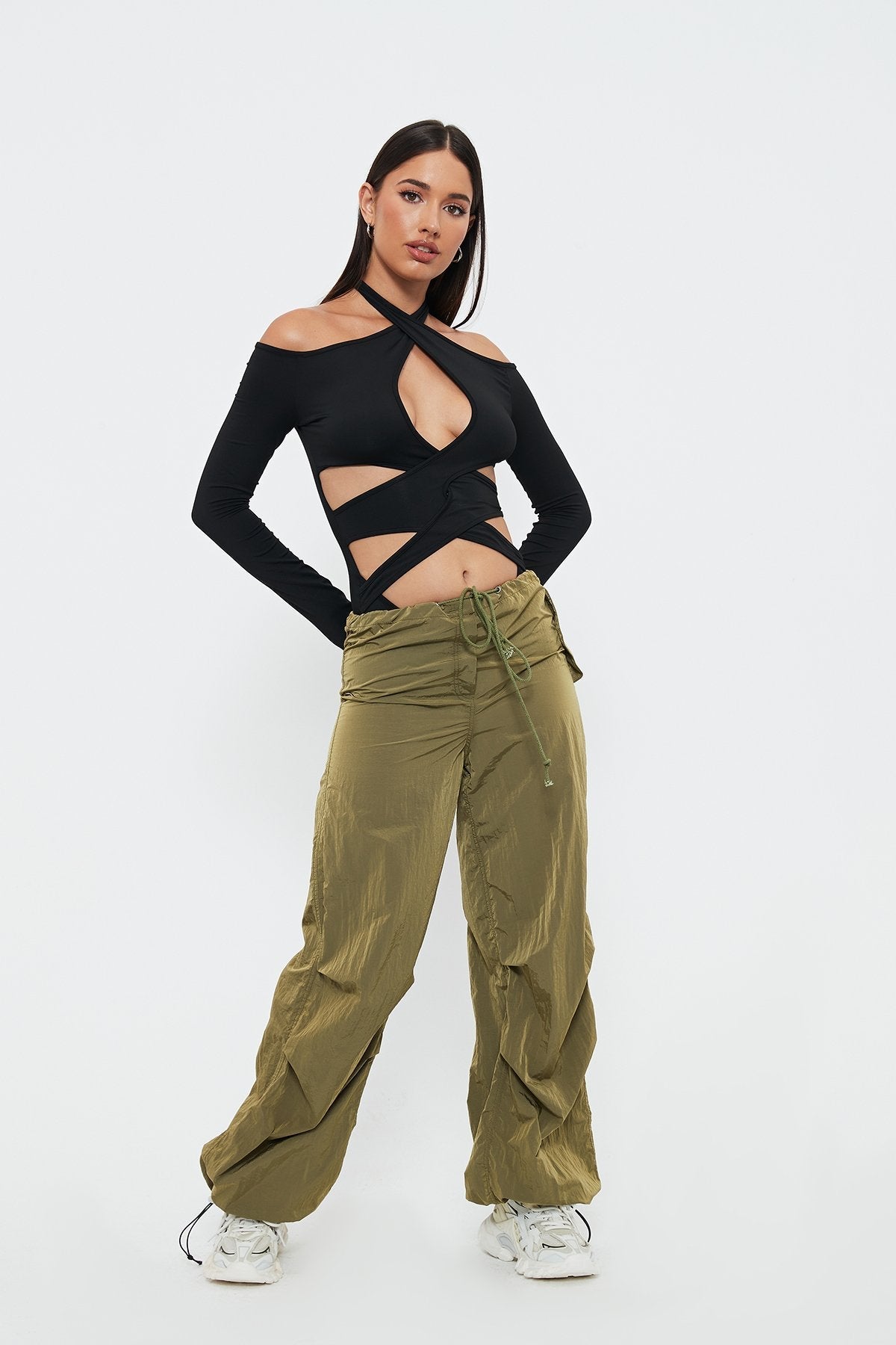 Halter Neck Cut Out Cold Shoulder Long Sleeve Bodysuit