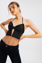 Bow Shape Tie Backless Halter Neck Crop Top