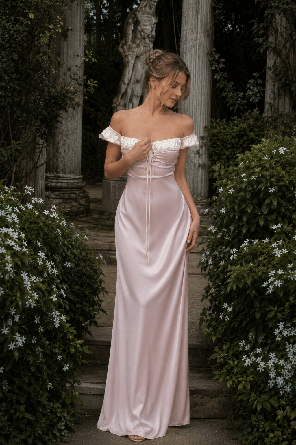 Satin Strapless Tie Slim Romantic Maxi Dress