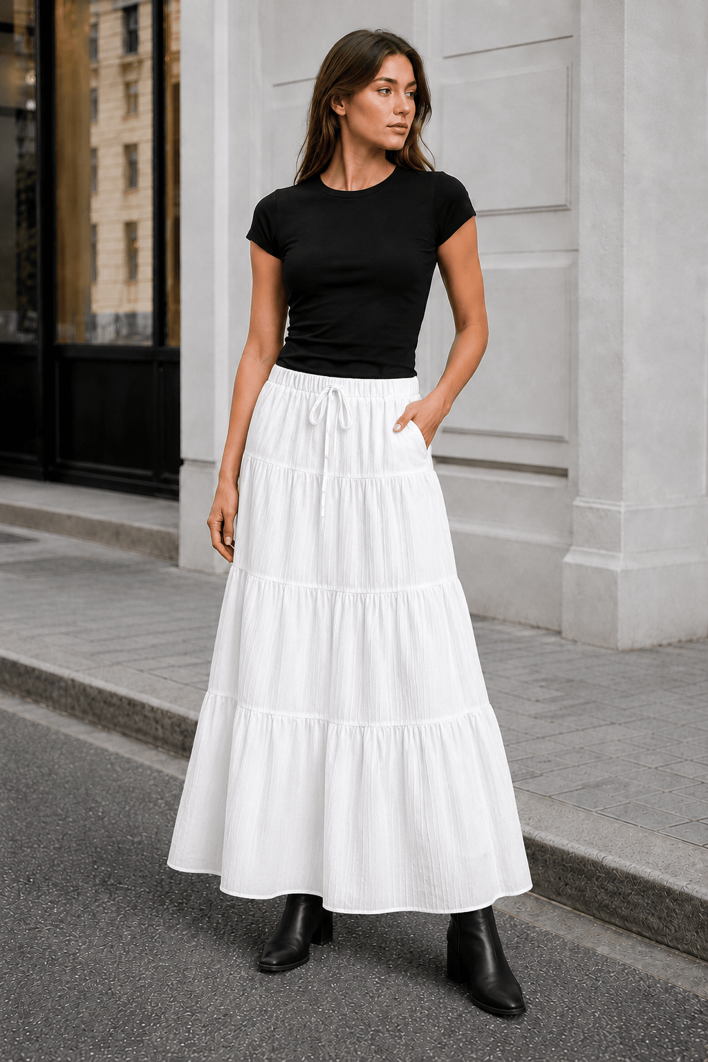 White Tie Waist A-Line Maxi Skirt