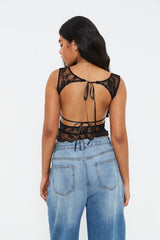 Open Back Tie Detail Ruffle Trim Lace Top